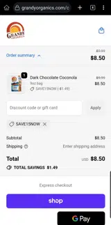 Grandy Organics coupon verification screenshot