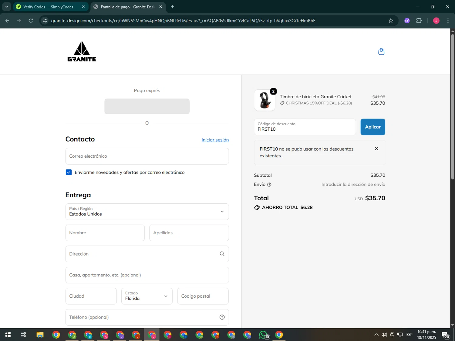 Granite promo code screenshot showing code FIRST10 applied at Granite checkout page. Uploaded by SimplyCodes community member CleverShopper2101 on Nov 19, 2025