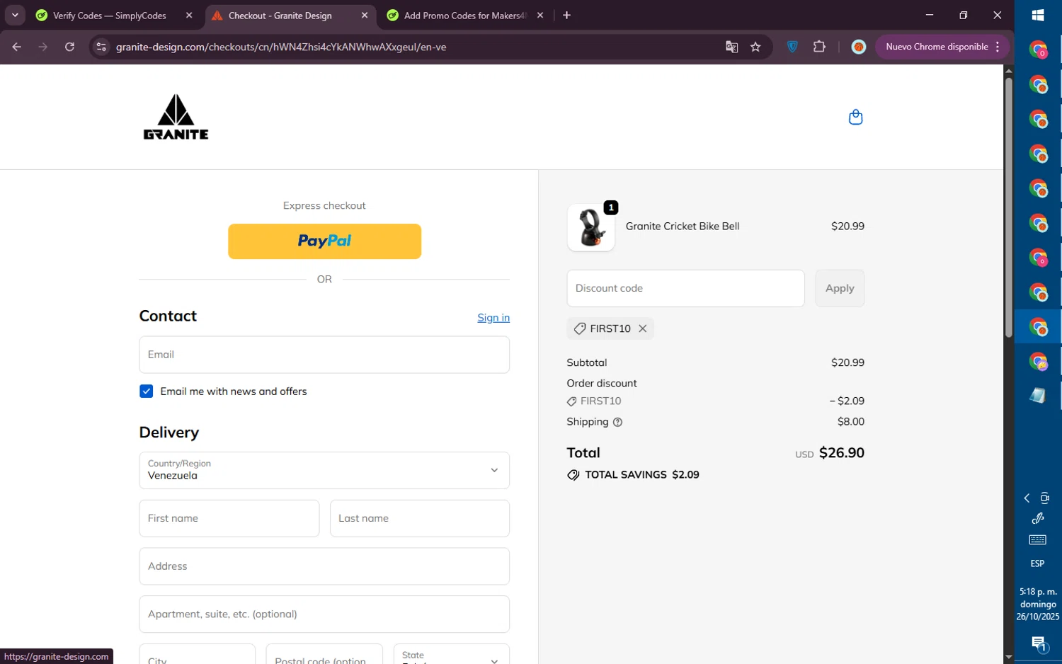 Granite promo code screenshot showing code FIRST10 applied at Granite checkout page. Uploaded by SimplyCodes community member PromoVoyager8446 on Oct 26, 2025