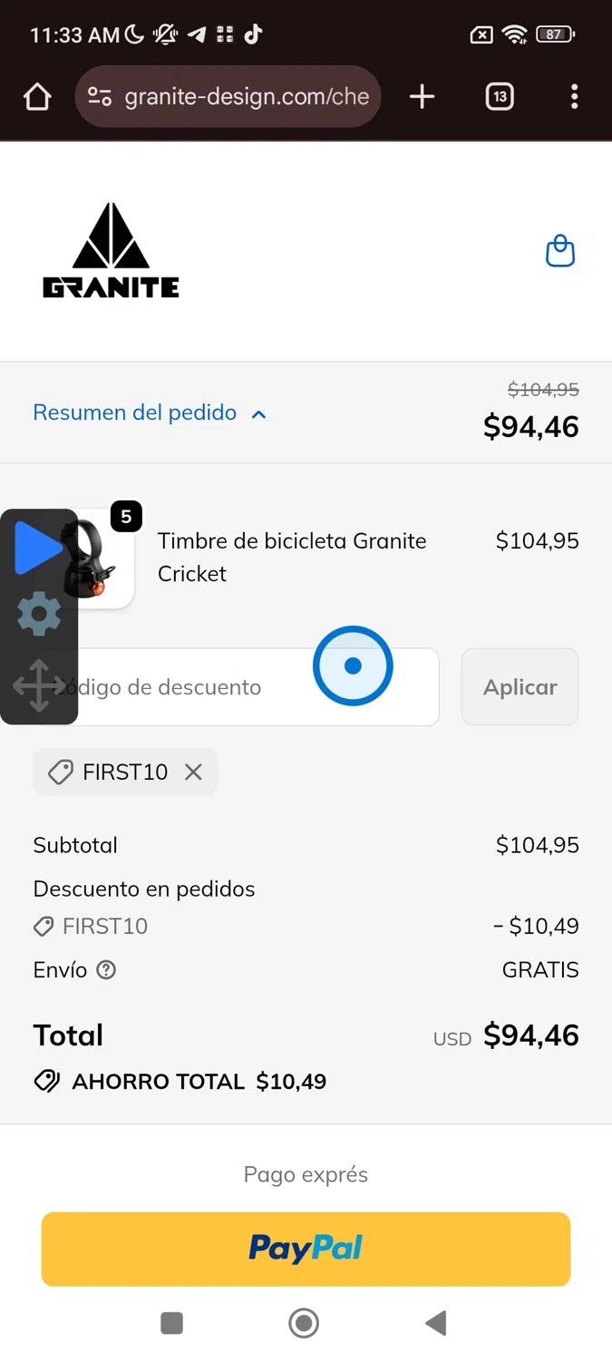 Granite promo code screenshot showing code FIRST10 applied at Granite checkout page. Uploaded by SimplyCodes community member widdyto on Oct 6, 2025