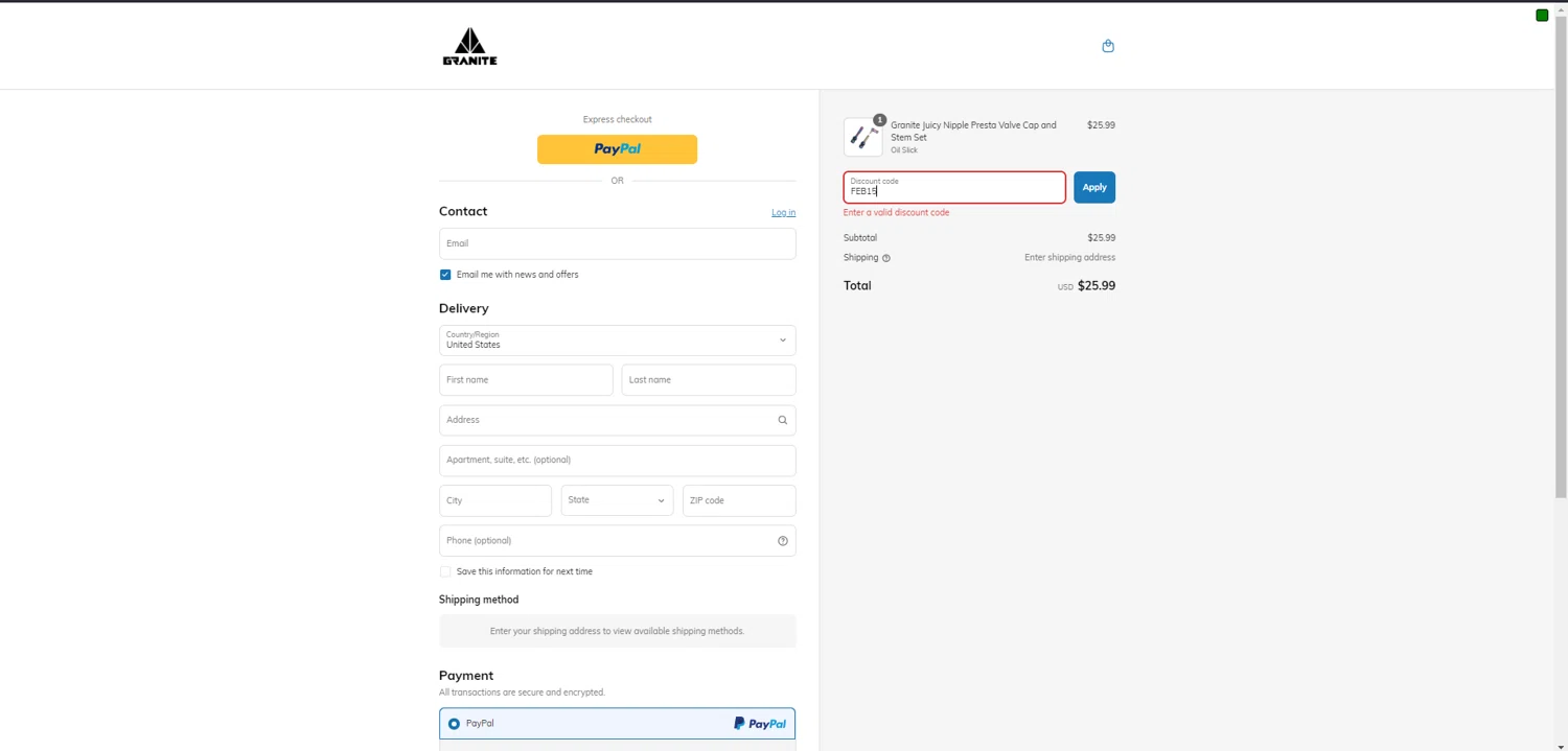 Granite promo code screenshot showing code FEB15 applied at Granite checkout page. Uploaded by SimplyCodes community member JakePerrox on Mar 19, 2025