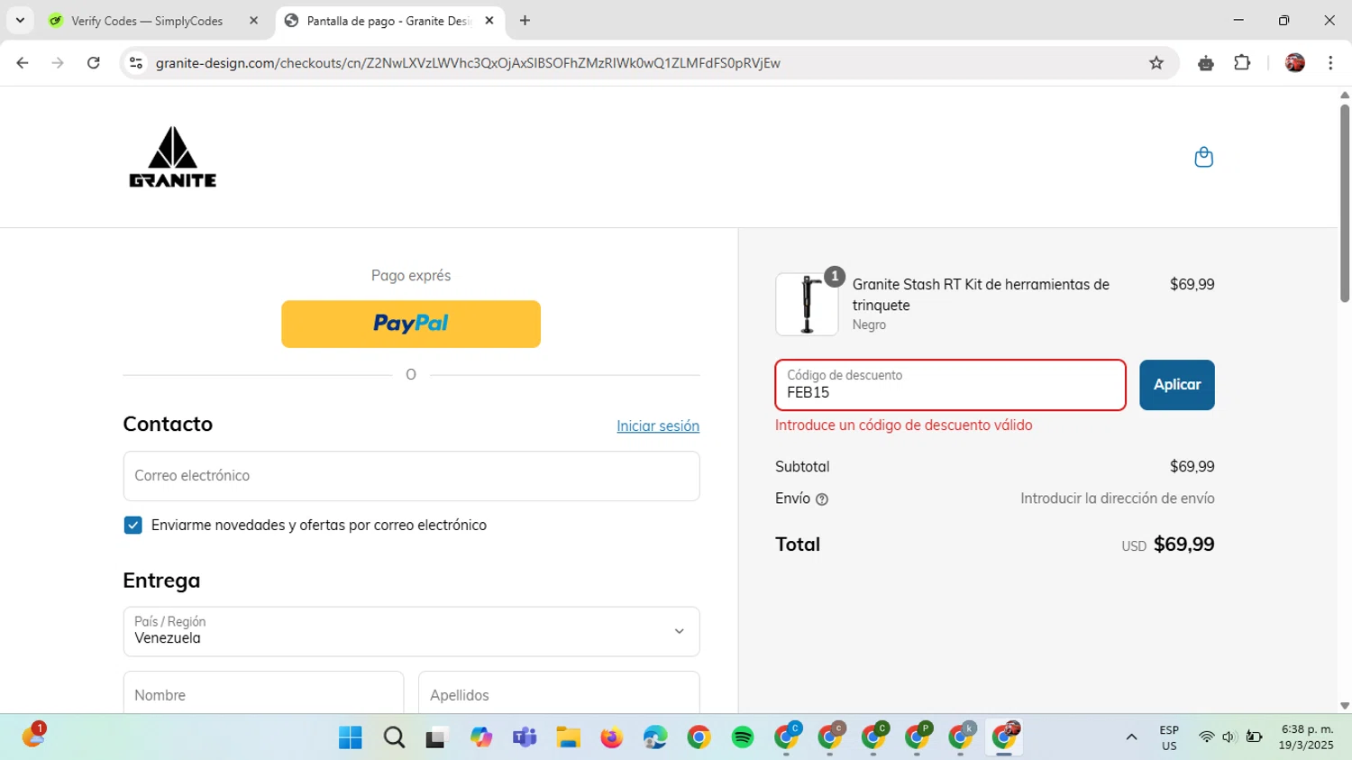 Granite promo code screenshot showing code FEB15 applied at Granite checkout page. Uploaded by SimplyCodes community member GloriousDefender7889 on Mar 19, 2025