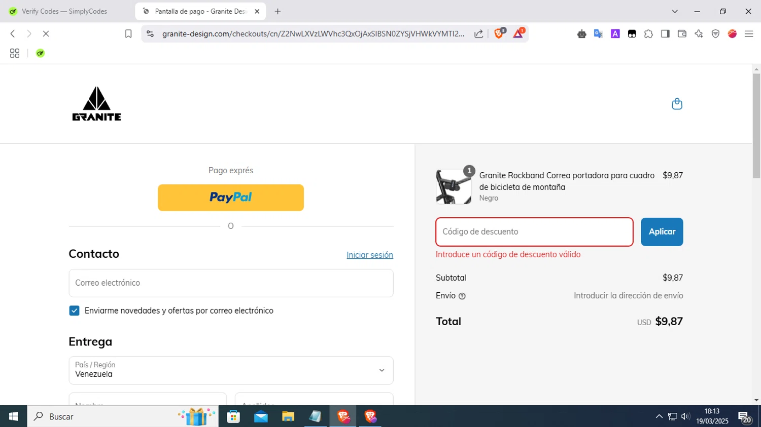 Granite promo code screenshot showing code LUCK10 applied at Granite checkout page. Uploaded by SimplyCodes community member FrugalKnight7213 on Mar 19, 2025