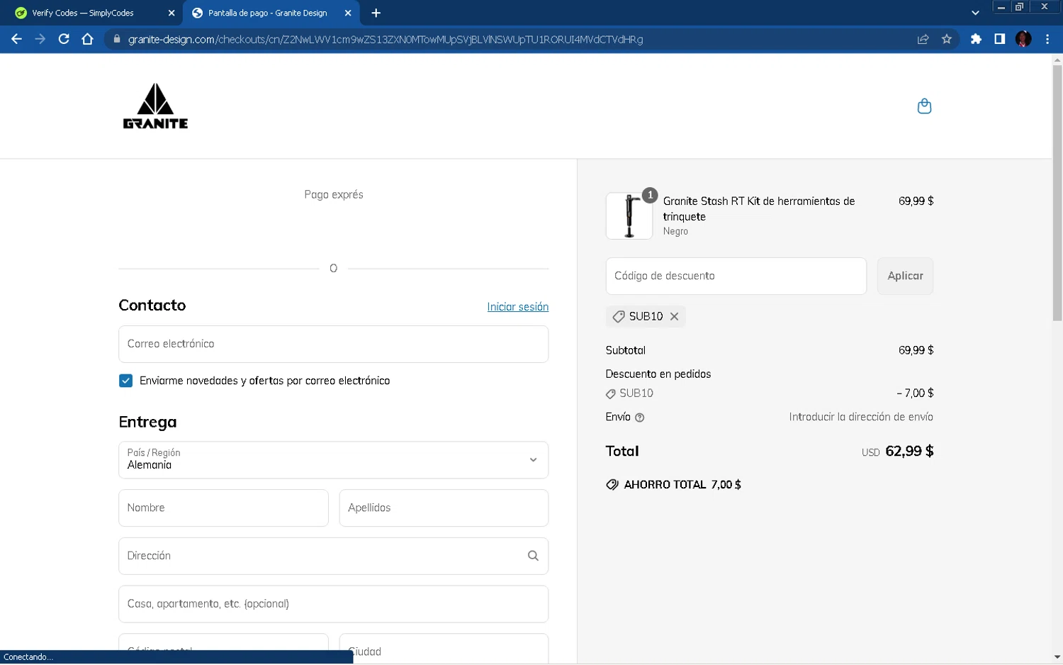 Granite promo code screenshot showing code SUB10 applied at Granite checkout page. Uploaded by SimplyCodes community member Allen_Iverson on Apr 14, 2025