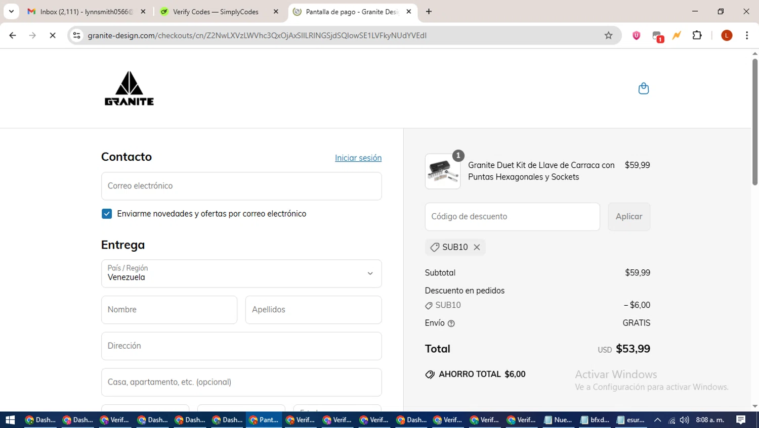 Granite promo code screenshot showing code SUB10 applied at Granite checkout page. Uploaded by SimplyCodes community member BonusHero9692 on Jun 25, 2025