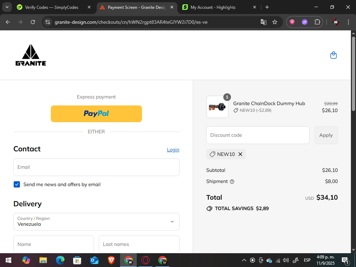 Granite promo code screenshot showing code NEW10 applied at Granite checkout page. Uploaded by SimplyCodes community member TreasureAdmiral6867 on Sep 11, 2025