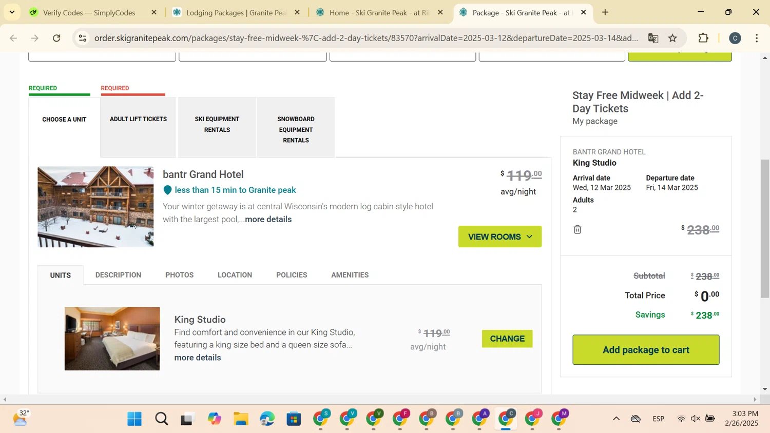 Granite Peak Ski Resort checkout page showing Granite Peak Ski Resort promo code box | Screenshot taken by SimplyCodes community member on Feb 26, 2025