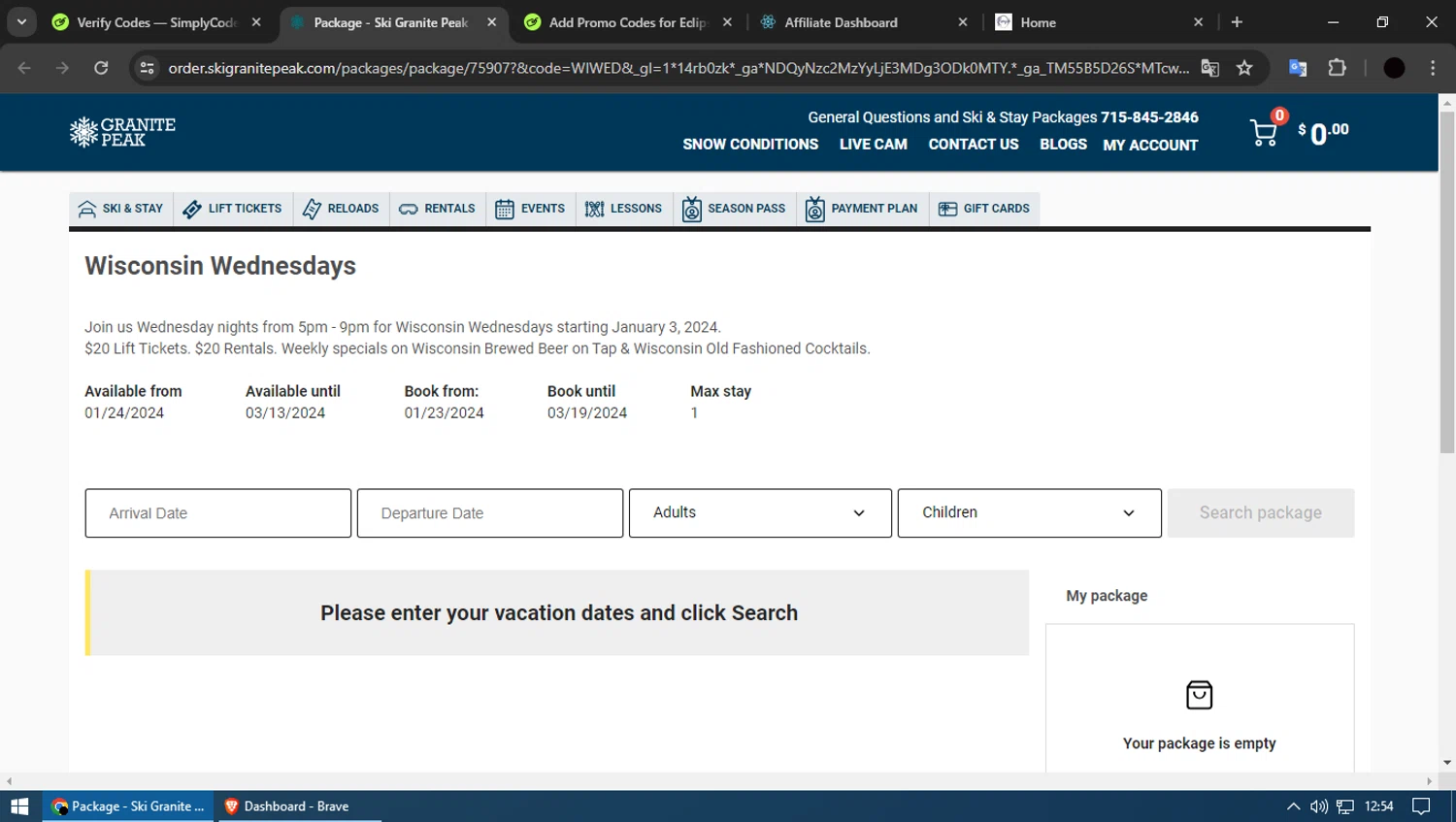 Granite Peak Ski Resort checkout page showing Granite Peak Ski Resort promo code box | Screenshot taken by SimplyCodes community member on Apr 23, 2024