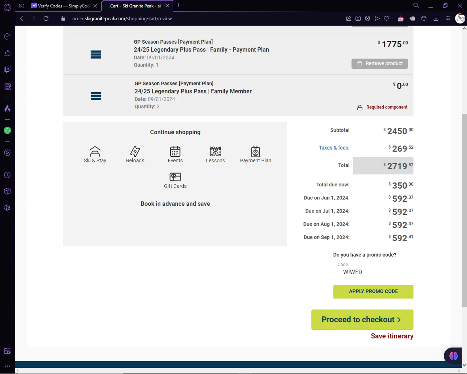 Granite Peak Ski Resort checkout page showing Granite Peak Ski Resort promo code box | Screenshot taken by SimplyCodes community member on Mar 24, 2024