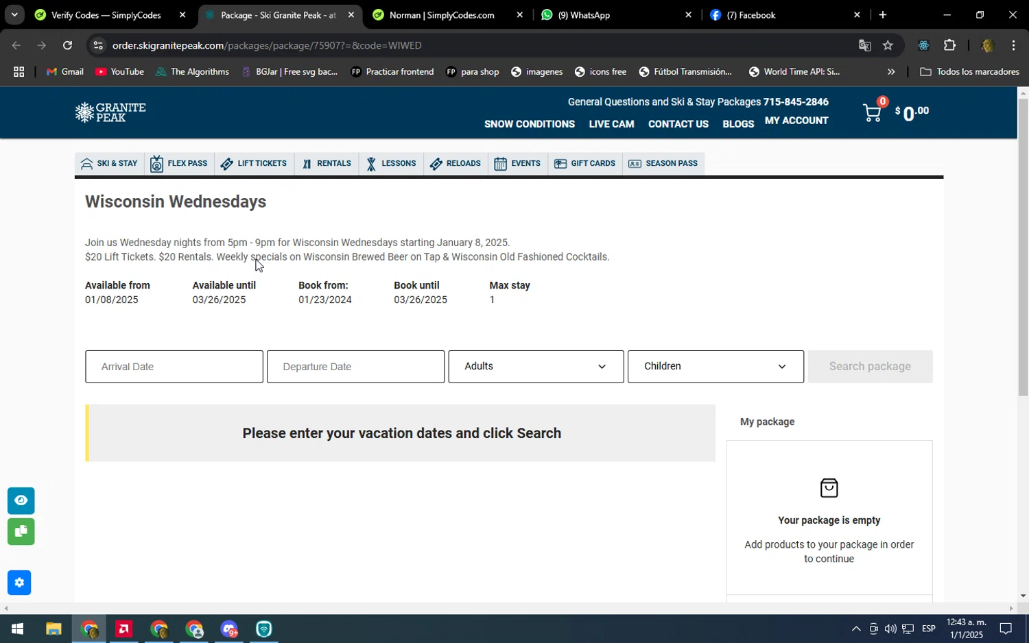 Granite Peak Ski Resort promo code screenshot showing code WIWED applied at Granite Peak Ski Resort checkout page. Uploaded by SimplyCodes community member kakakakakka on Jan 1, 2025