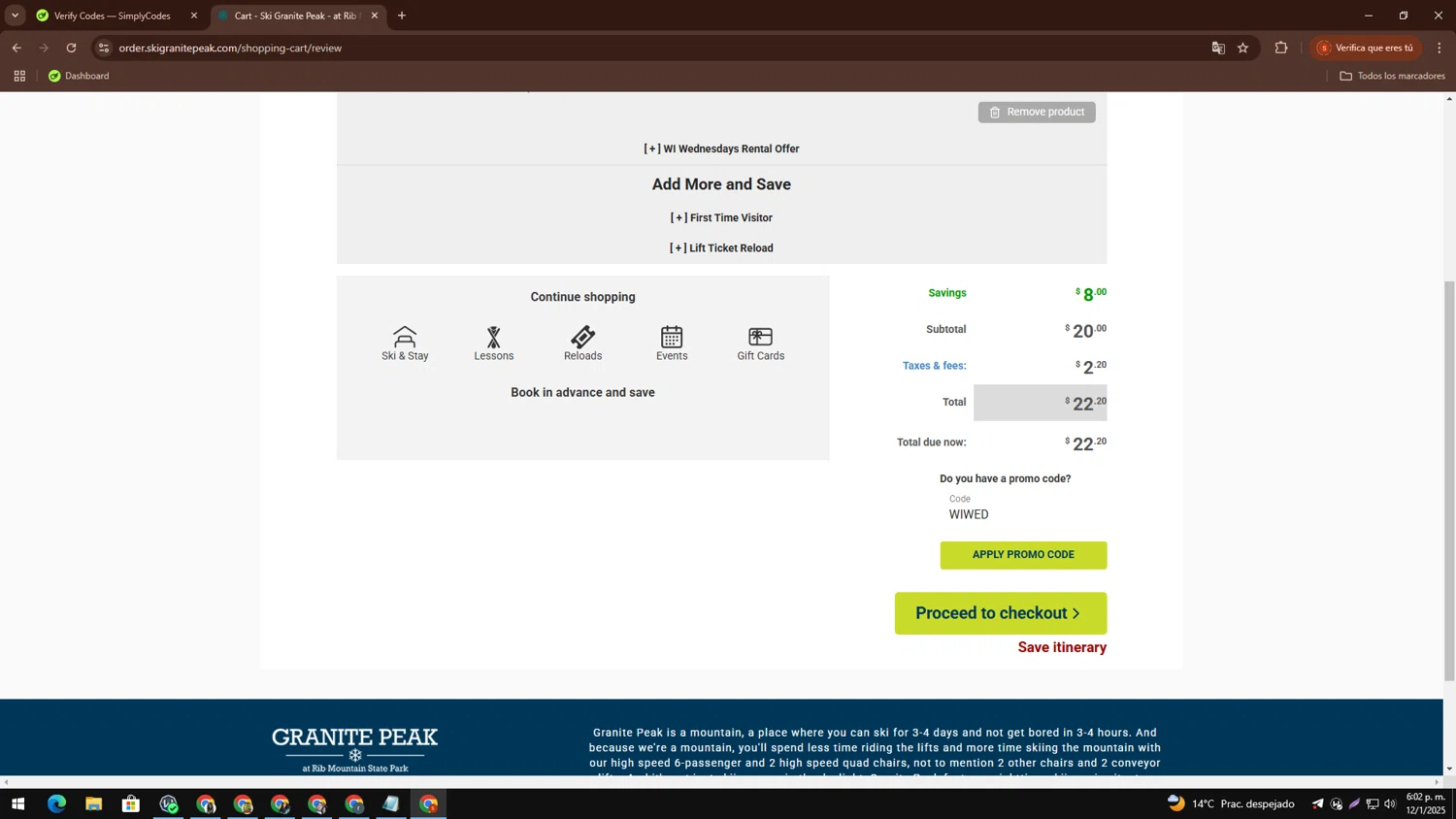 Granite Peak Ski Resort promo code screenshot showing code WIWED applied at Granite Peak Ski Resort checkout page. Uploaded by SimplyCodes community member PrimeExpert2544 on Jan 12, 2025