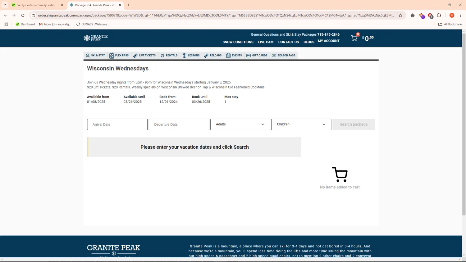 Granite Peak Ski Resort promo code screenshot showing code WIWED applied at Granite Peak Ski Resort checkout page. Uploaded by SimplyCodes community member MightyWhiz833 on Jan 22, 2025