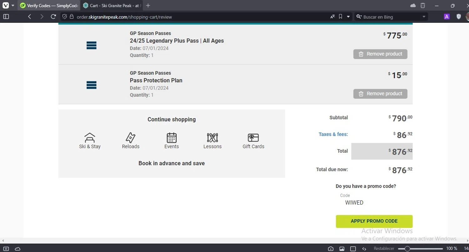 Granite Peak Ski Resort checkout page showing Granite Peak Ski Resort promo code box | Screenshot taken by SimplyCodes community member on Jul 1, 2024