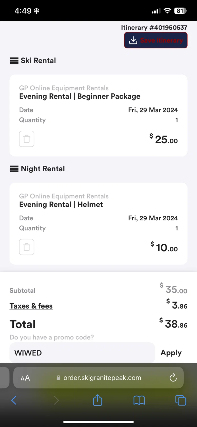 Granite Peak Ski Resort checkout page showing Granite Peak Ski Resort promo code box | Screenshot taken by SimplyCodes community member on Mar 25, 2024