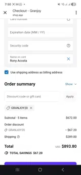 Granjoy20 coupon verification screenshot