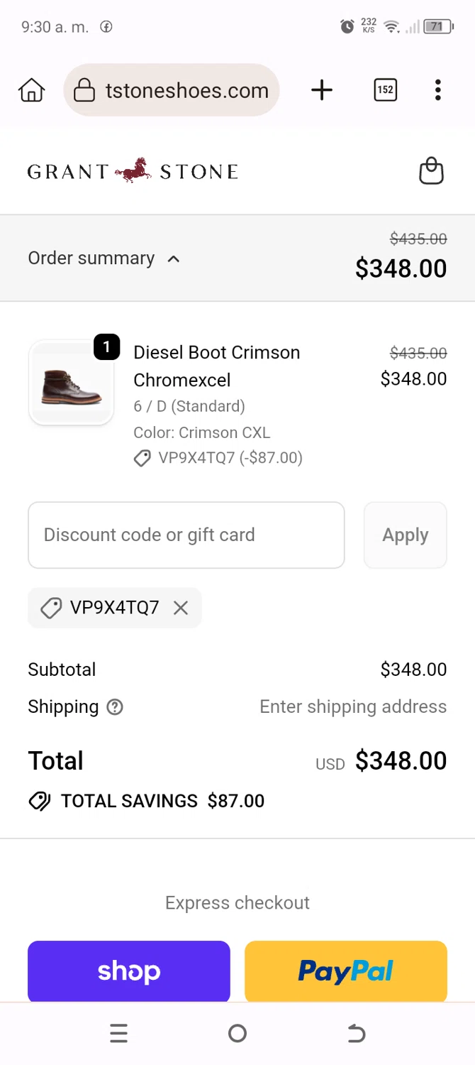 Grant Stone discount code screenshot showing code VP9X4TQ7 applied at Grant Stone checkout page. Uploaded by SimplyCodes community member Typer19 on Dec 23, 2025