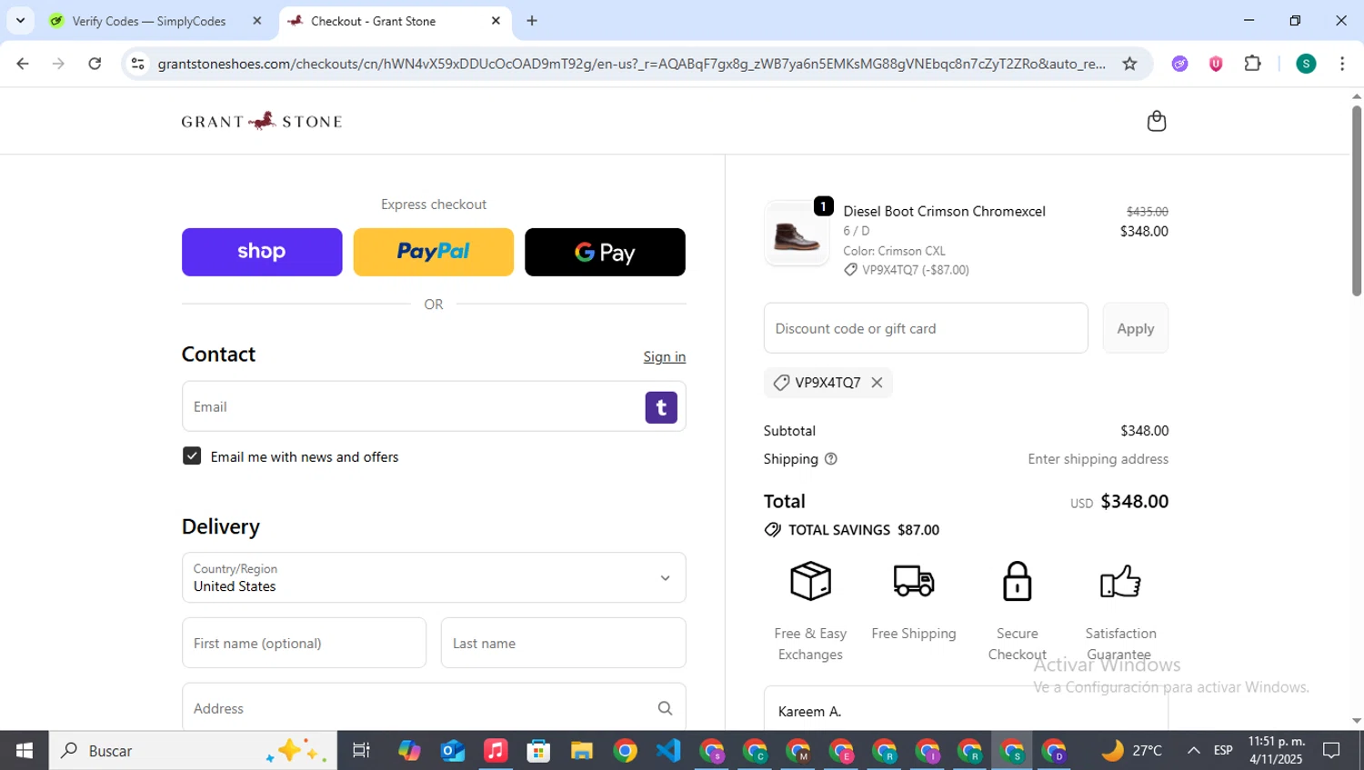 Grant Stone discount code screenshot showing code VP9X4TQ7 applied at Grant Stone checkout page. Uploaded by SimplyCodes community member VictoriousPilot5281 on Nov 5, 2025