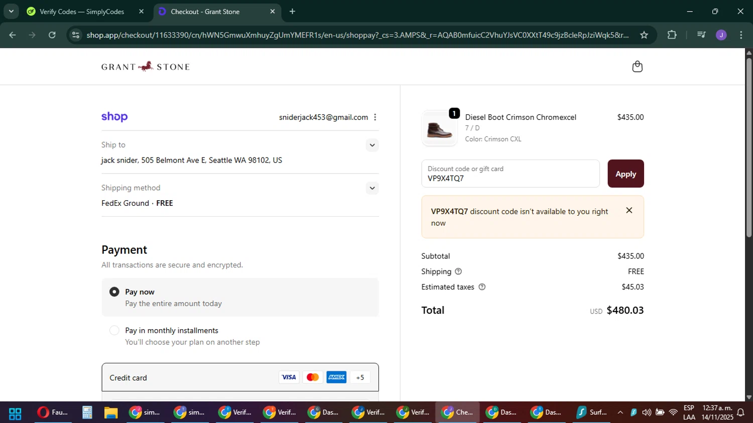 Grant Stone discount code screenshot showing code VP9X4TQ7 applied at Grant Stone checkout page. Uploaded by SimplyCodes community member sniderjack453 on Nov 14, 2025