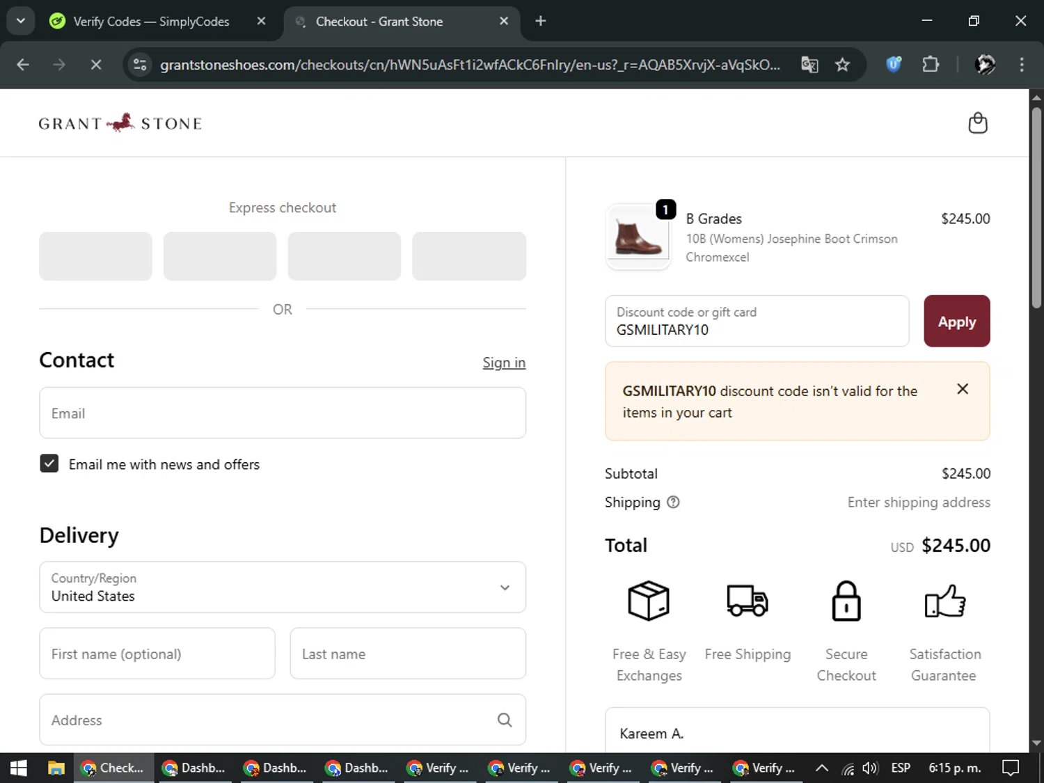 Grant Stone discount code screenshot showing code GSMILITARY10 applied at Grant Stone checkout page. Uploaded by SimplyCodes community member SavvyChaser6563 on Nov 30, 2025