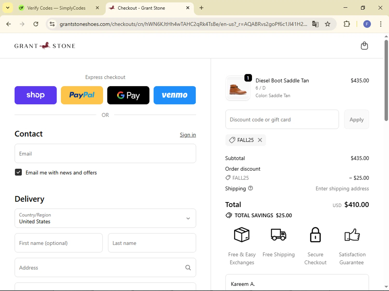 Grant Stone discount code screenshot showing code FALL25 applied at Grant Stone checkout page. Uploaded by SimplyCodes community member 123exss on Dec 12, 2025