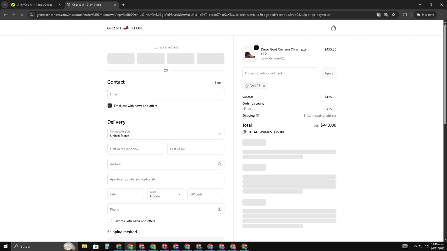 Grant Stone discount code screenshot showing code FALL25 applied at Grant Stone checkout page. Uploaded by SimplyCodes community member SUZUKIV on Nov 24, 2025