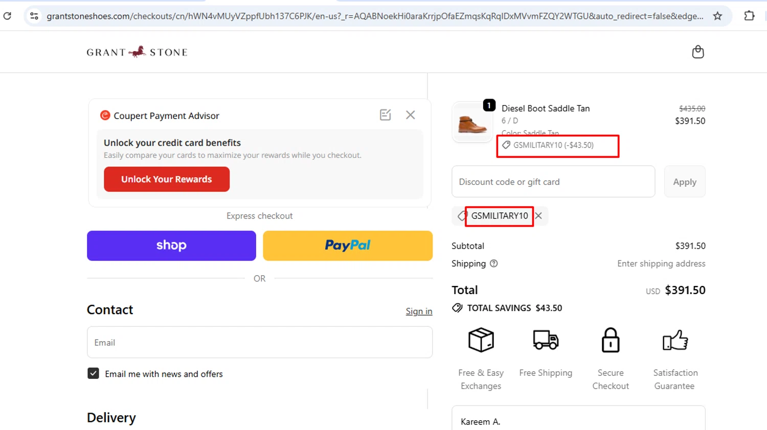 Grant Stone discount code screenshot showing code GSMILITARY10 applied at Grant Stone checkout page. Uploaded by SimplyCodes community member nileskamarcano on Nov 5, 2025