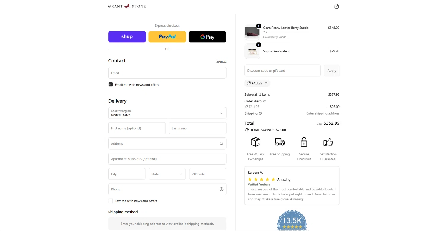 Grant Stone discount code screenshot showing code FALL25 applied at Grant Stone checkout page. Uploaded by SimplyCodes community member vctr7w7x on Nov 24, 2025