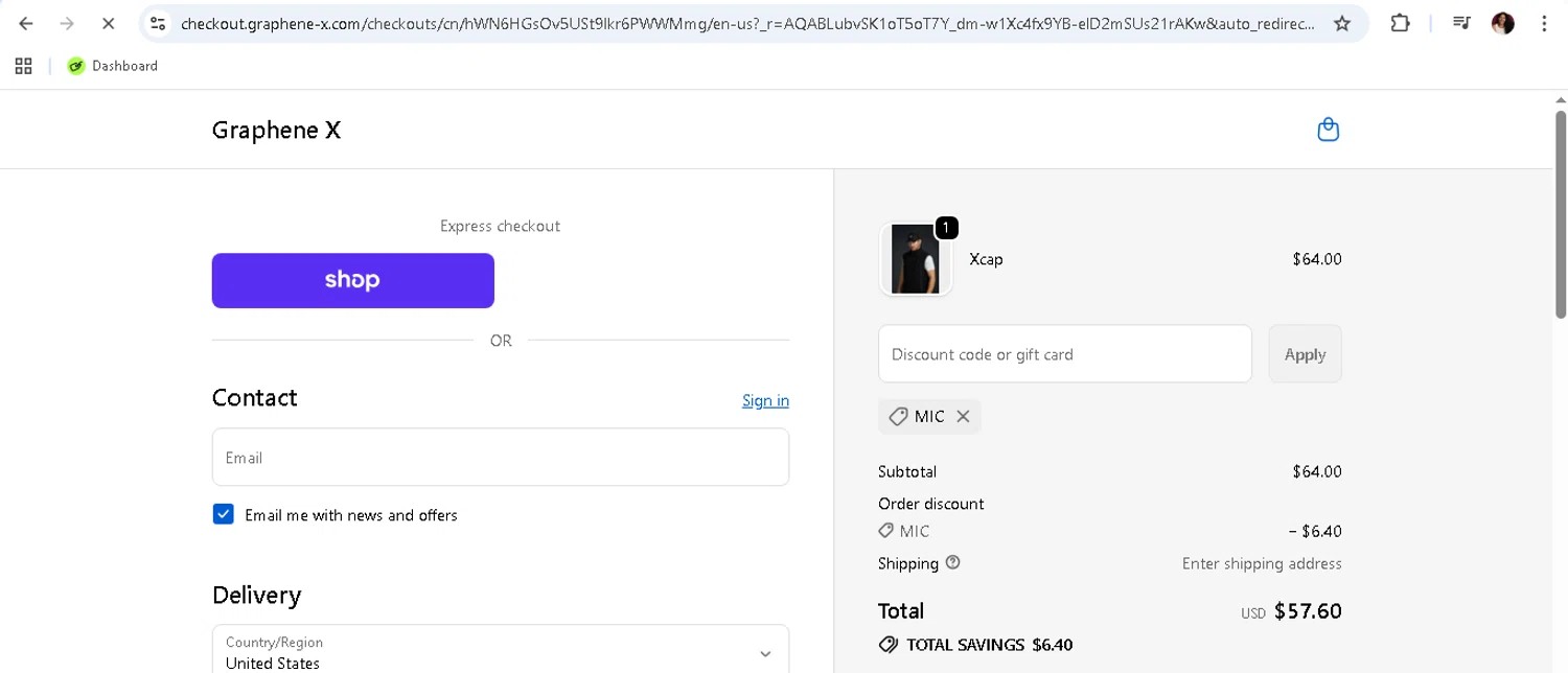 Graphene-X promo code screenshot showing code MIC applied at Graphene-X checkout page. Uploaded by SimplyCodes community member monicacaraballo on Dec 10, 2025