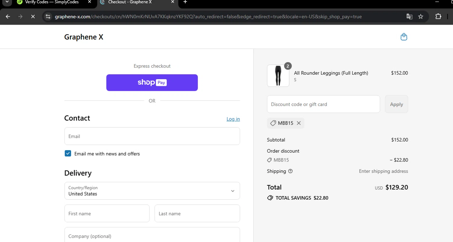 Graphene-X promo code screenshot showing code MBB15 applied at Graphene-X checkout page. Uploaded by SimplyCodes community member RoyalSpotter5217 on Jul 18, 2025