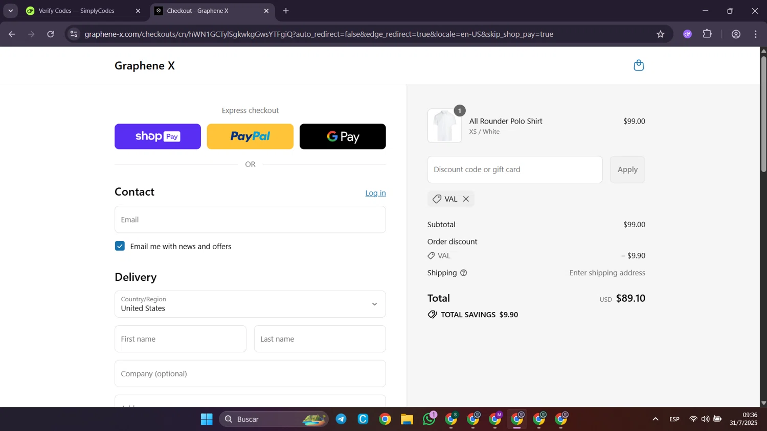Graphene-X promo code screenshot showing code VAL applied at Graphene-X checkout page. Uploaded by SimplyCodes community member Puppet on Jul 31, 2025