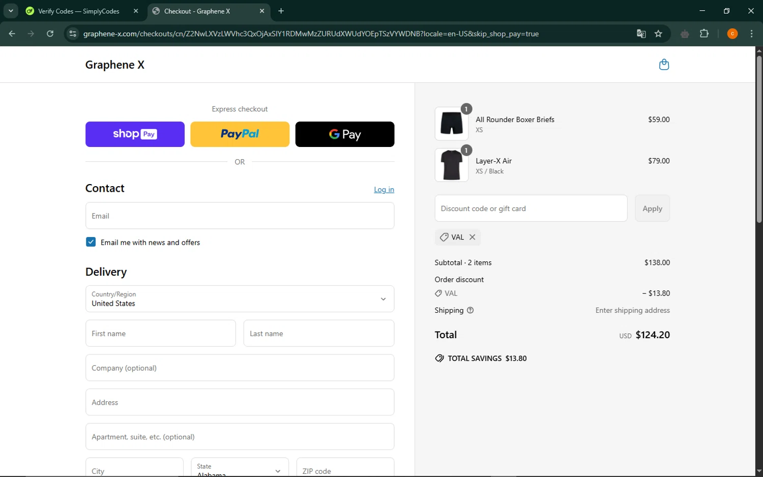 Graphene-X promo code screenshot showing code VAL applied at Graphene-X checkout page. Uploaded by SimplyCodes community member ShrewdCaptain9911 on May 13, 2025