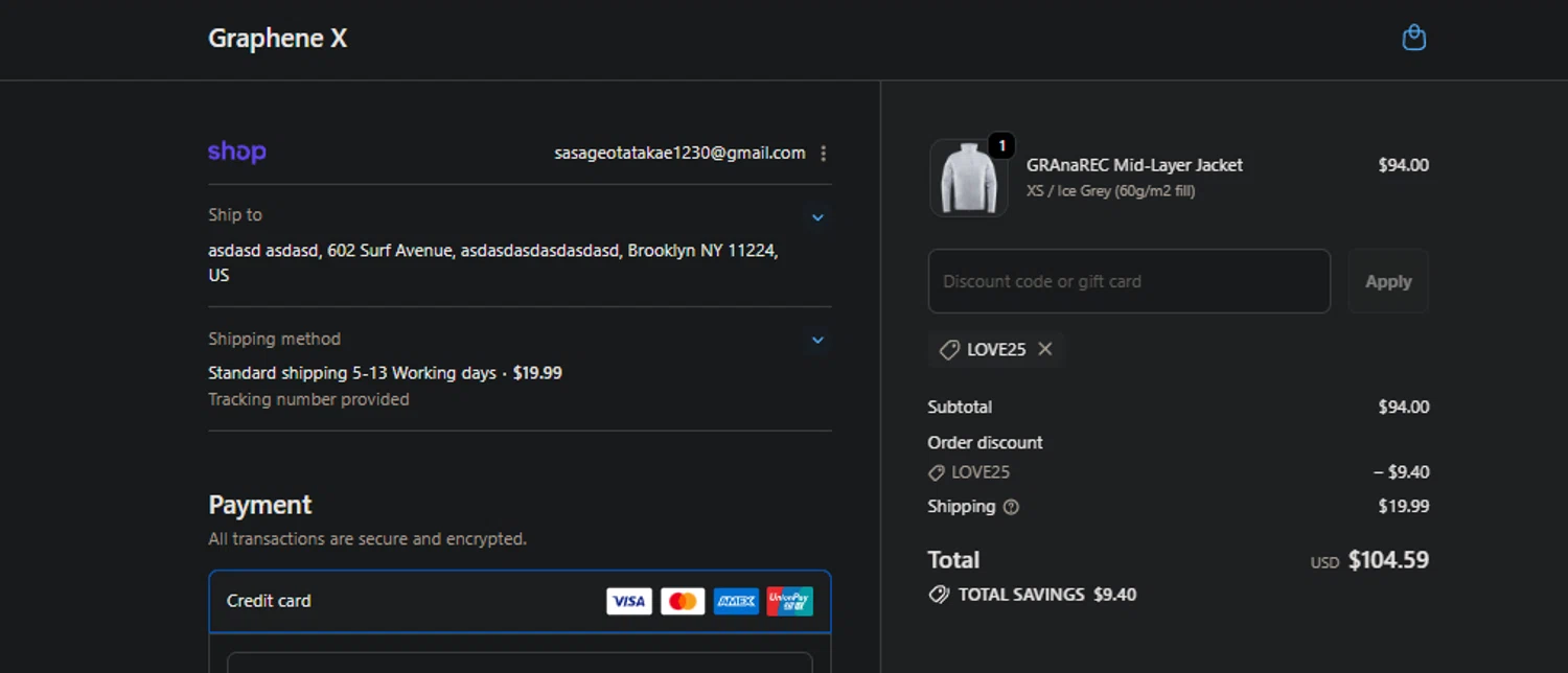Graphene-X promo code screenshot showing code LOVE25 applied at Graphene-X checkout page. Uploaded by SimplyCodes community member PedroNavaja on Dec 16, 2025