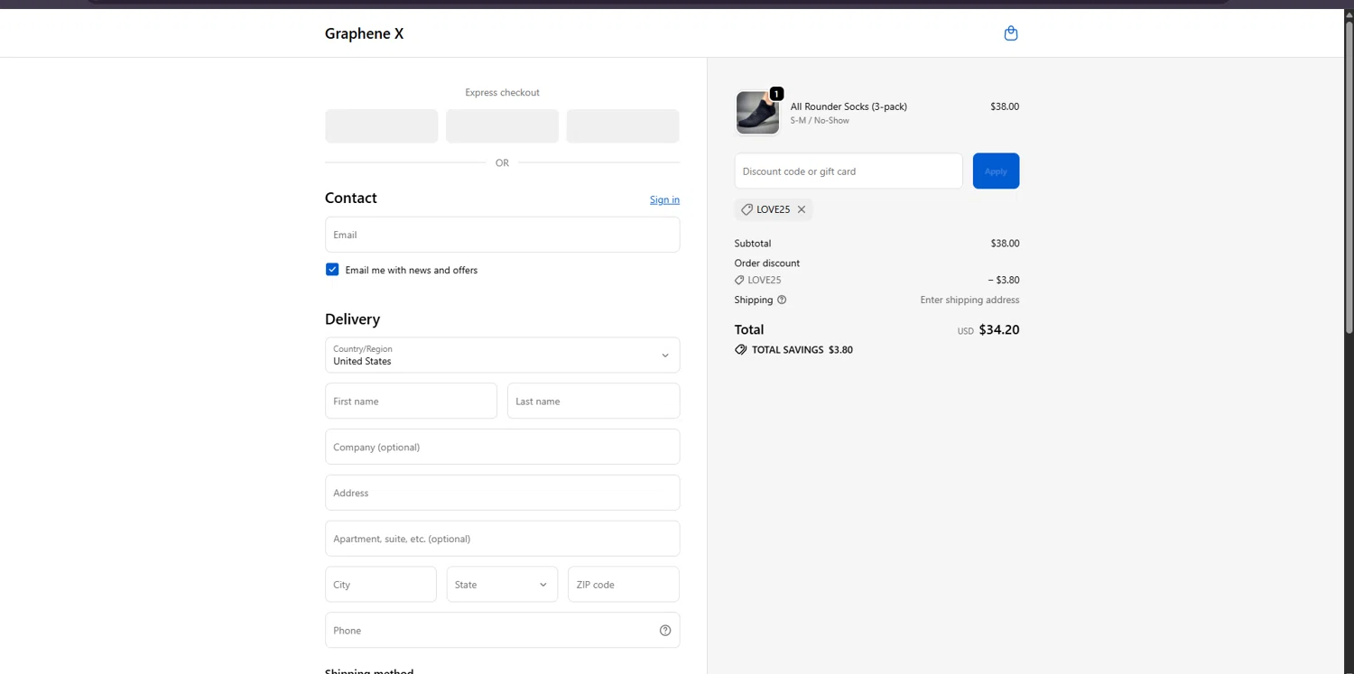 Graphene-X promo code screenshot showing code LOVE25 applied at Graphene-X checkout page. Uploaded by SimplyCodes community member WiseSage2777 on Nov 29, 2025