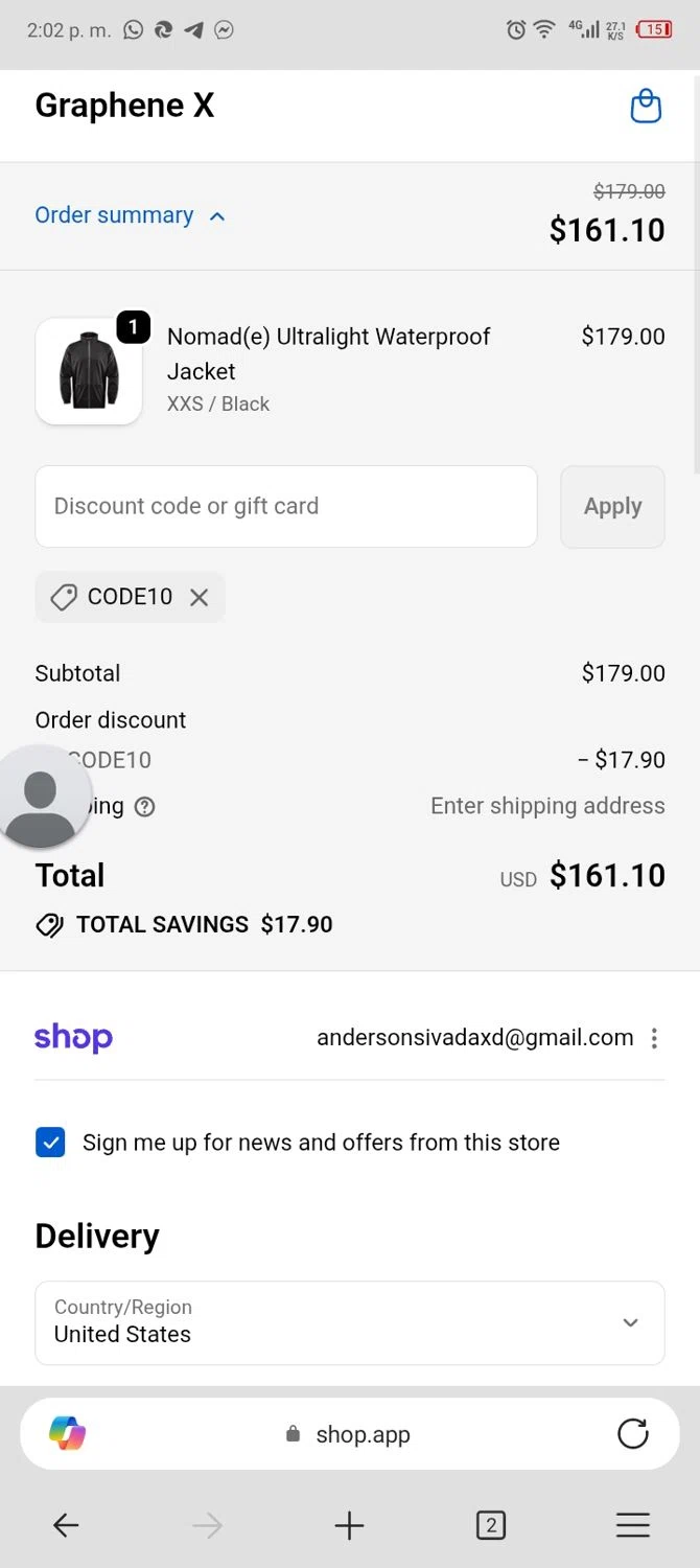 Graphene-X promo code screenshot showing code CODE10 applied at Graphene-X checkout page. Uploaded by SimplyCodes community member Enmanuel17 on Nov 24, 2025