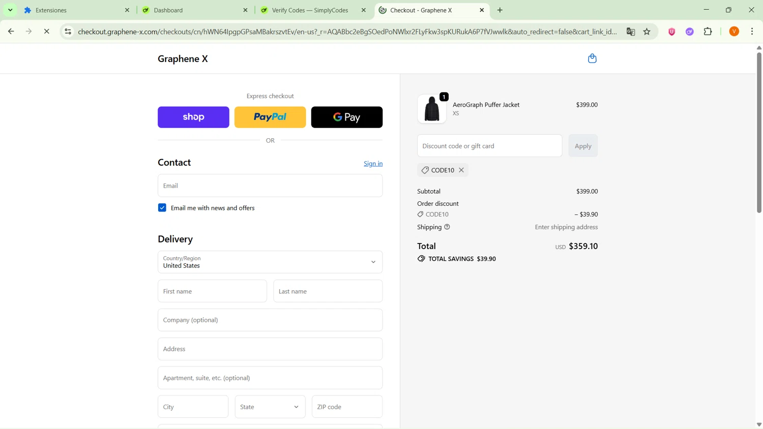 Graphene-X promo code screenshot showing code CODE10 applied at Graphene-X checkout page. Uploaded by SimplyCodes community member GoldFox1696 on Dec 5, 2025