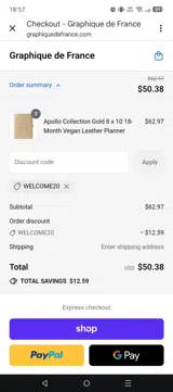 WELCOME20 coupon verification screenshot