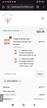 WELCOME20 coupon verification screenshot