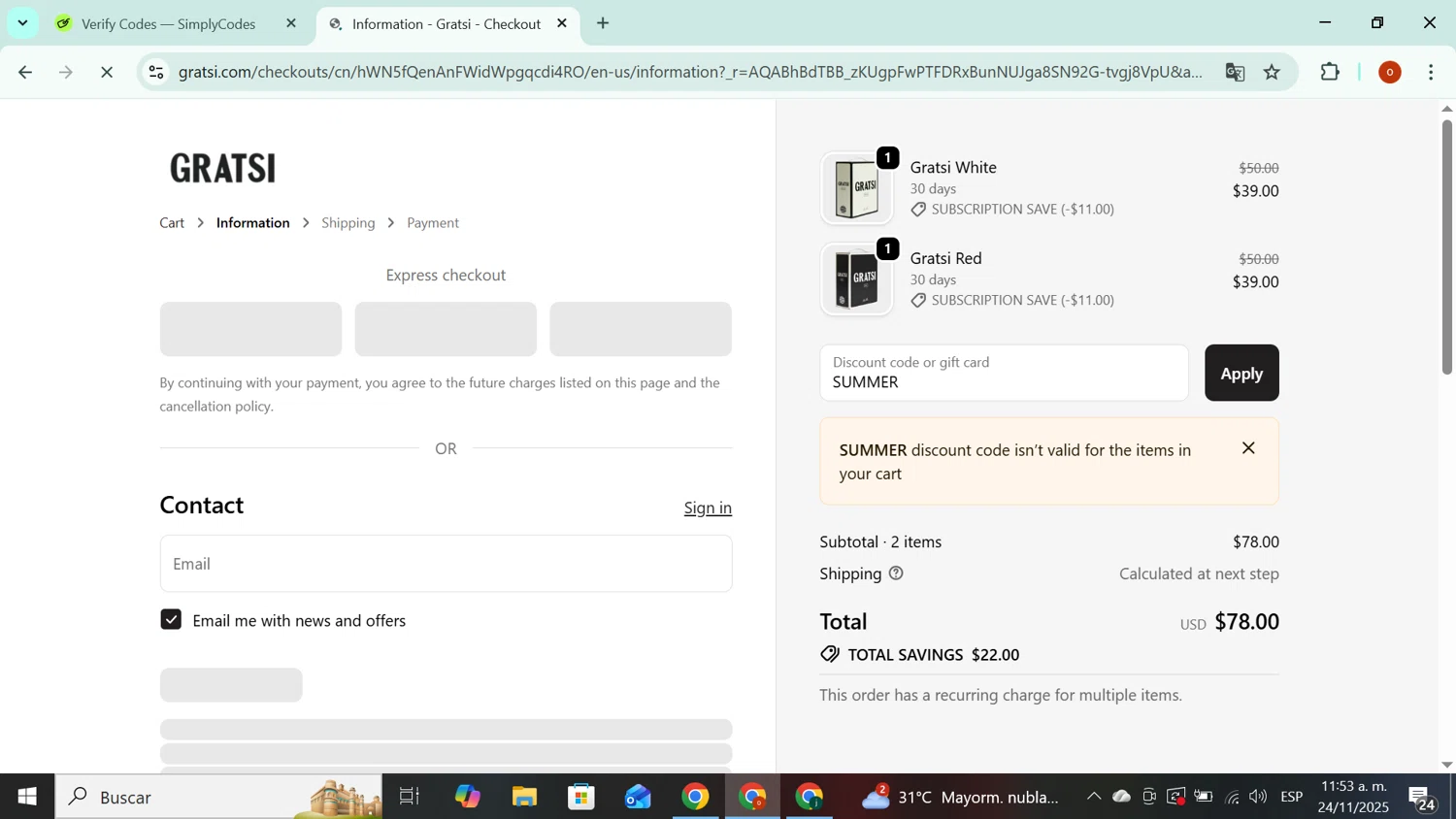 Gratsi discount code screenshot showing code SUMMER applied at Gratsi checkout page. Uploaded by SimplyCodes community member CashAdmiral6490 on Nov 24, 2025