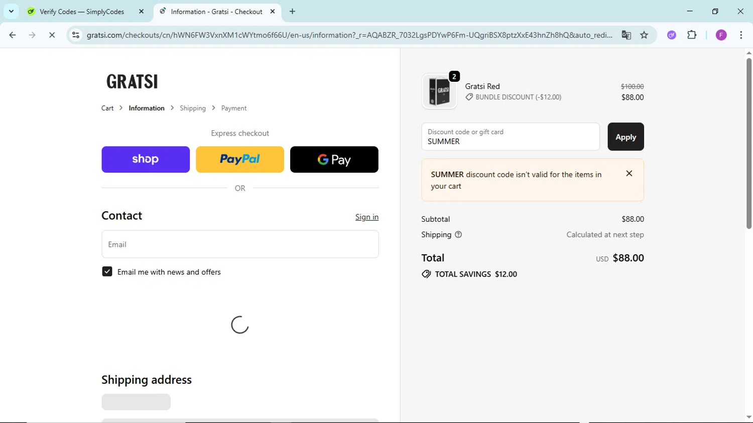 Gratsi discount code screenshot showing code SUMMER applied at Gratsi checkout page. Uploaded by SimplyCodes community member ShieldTitan6985 on Dec 9, 2025