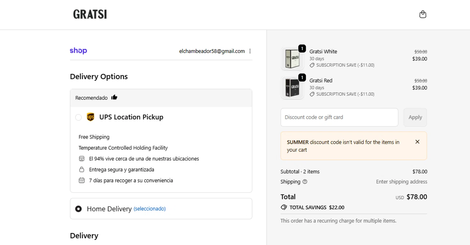 Gratsi checkout page showing Gratsi discount code box | Screenshot taken by SimplyCodes community member on Jan 11, 2026