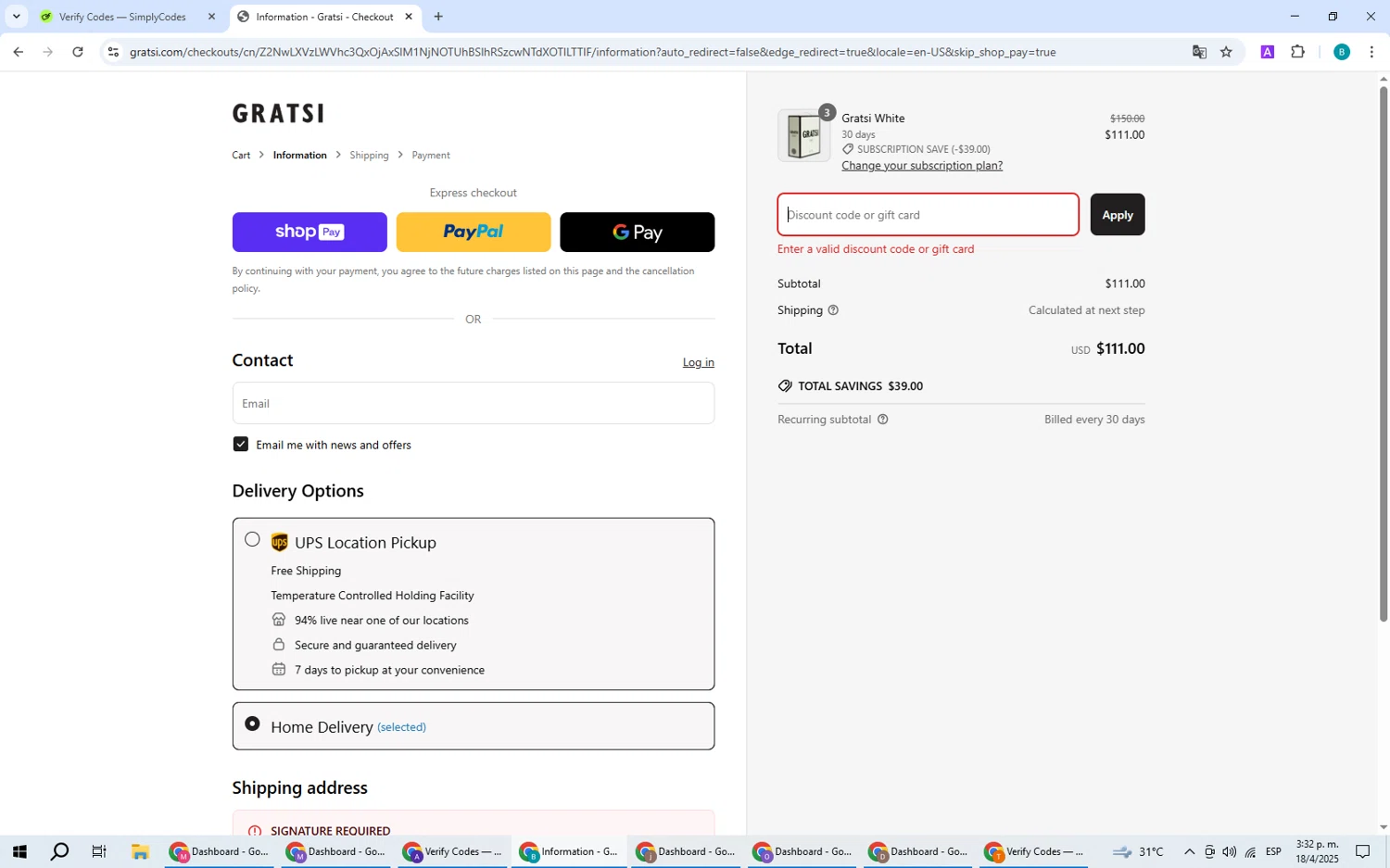 Gratsi discount code screenshot showing code GRATSI25 applied at Gratsi checkout page. Uploaded by SimplyCodes community member CleverPilot5845 on Apr 18, 2025