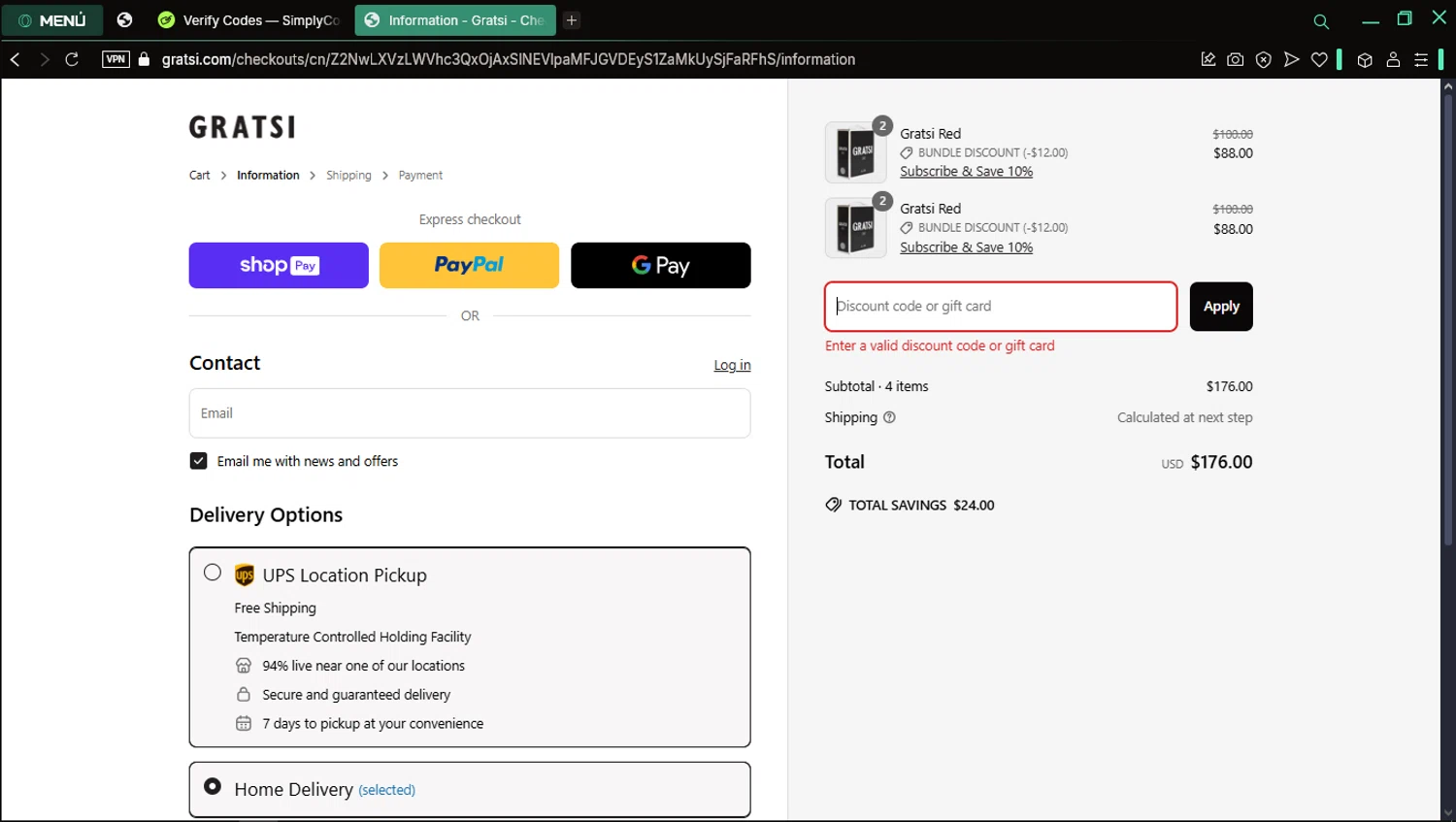 Gratsi discount code screenshot showing code GRATSI25 applied at Gratsi checkout page. Uploaded by SimplyCodes community member satoru on Apr 22, 2025