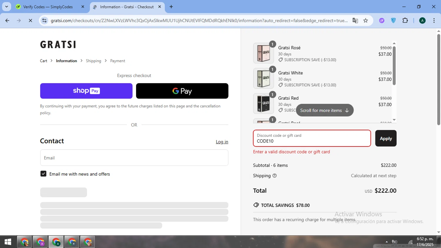 Gratsi discount code screenshot showing code CODE10 applied at Gratsi checkout page. Uploaded by SimplyCodes community member FrugalMaverick6013 on Jun 17, 2025