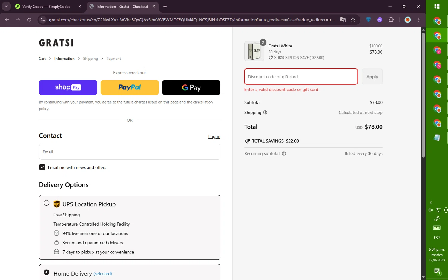 Gratsi discount code screenshot showing code CODE10 applied at Gratsi checkout page. Uploaded by SimplyCodes community member PromoVoyager8446 on Jun 17, 2025