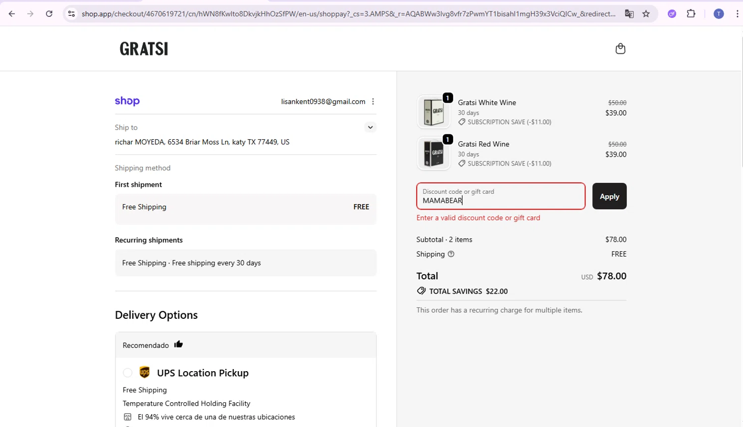 Gratsi promo code screenshot showing code MAMABEAR applied at Gratsi checkout page. Uploaded by SimplyCodes community member TRIBUENO on Feb 11, 2026
