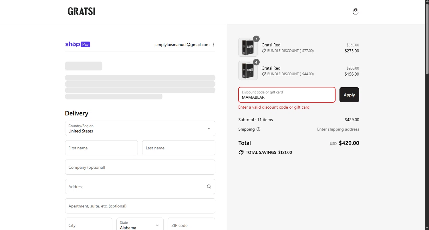 Gratsi discount code screenshot showing code MAMABEAR applied at Gratsi checkout page. Uploaded by SimplyCodes community member WoskalRevenge on Aug 28, 2025
