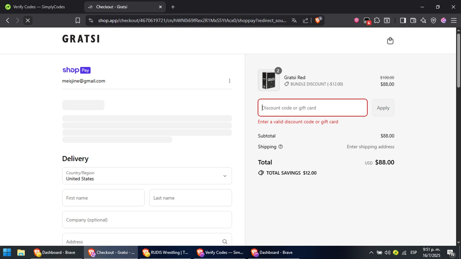 Gratsi discount code screenshot showing code Bundle&Saveupto22% applied at Gratsi checkout page. Uploaded by SimplyCodes community member RebateCaptain6440 on Jul 17, 2025