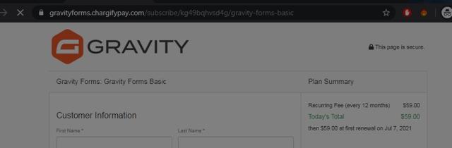 Gravity Forms checkout page showing Gravity Forms promo code box | Screenshot taken by SimplyCodes community member on Jul 7, 2020