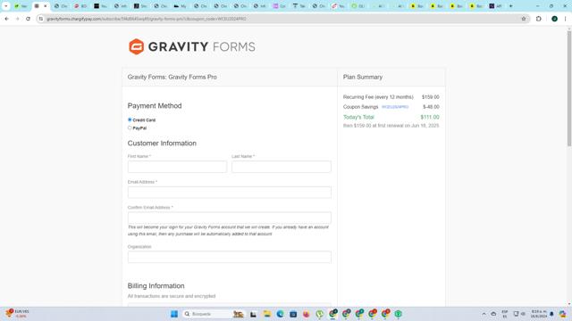 Gravity Forms checkout page showing Gravity Forms promo code box | Screenshot taken by SimplyCodes community member on Jun 16, 2024