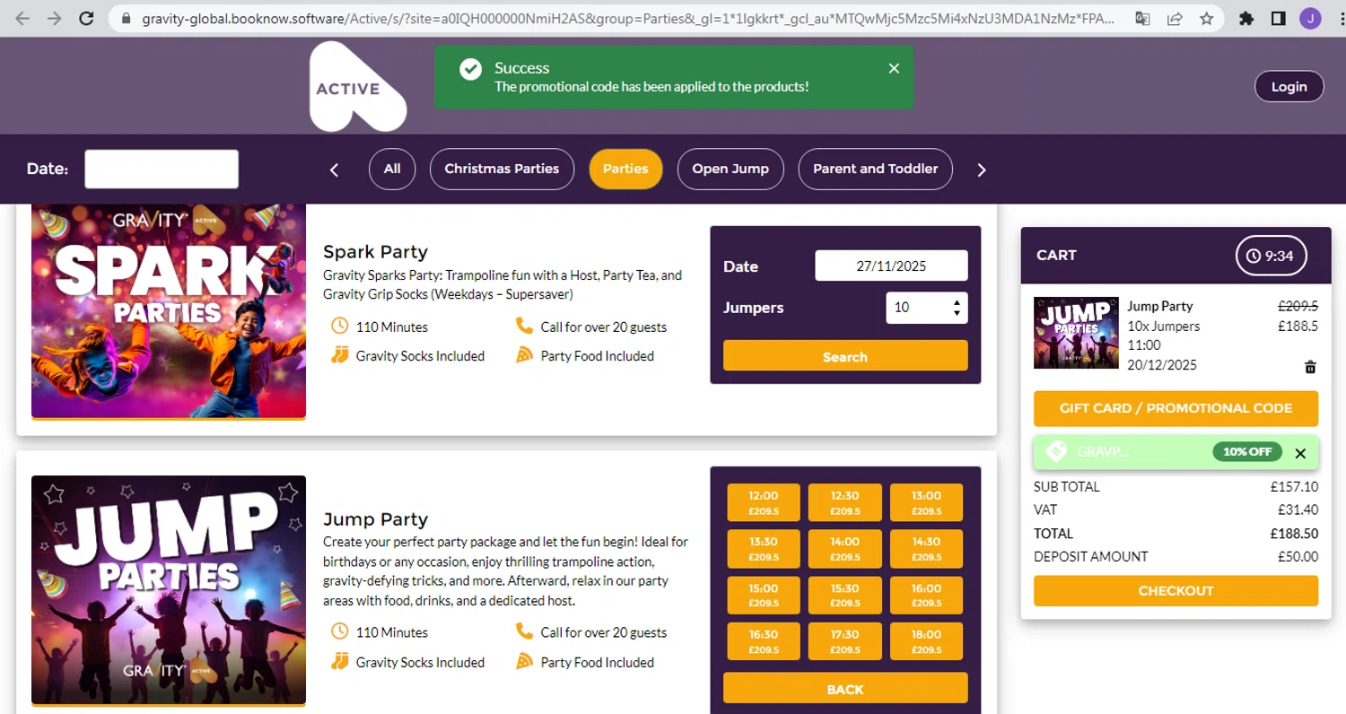 Gravity Global promo code screenshot showing code GRAVPARTY10 applied at Gravity Global checkout page. Uploaded by SimplyCodes community member Intel_VS_AMD on Nov 21, 2025